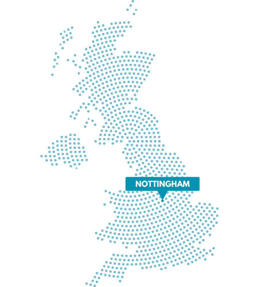 Map graphic with a pin and label reading Nottingham