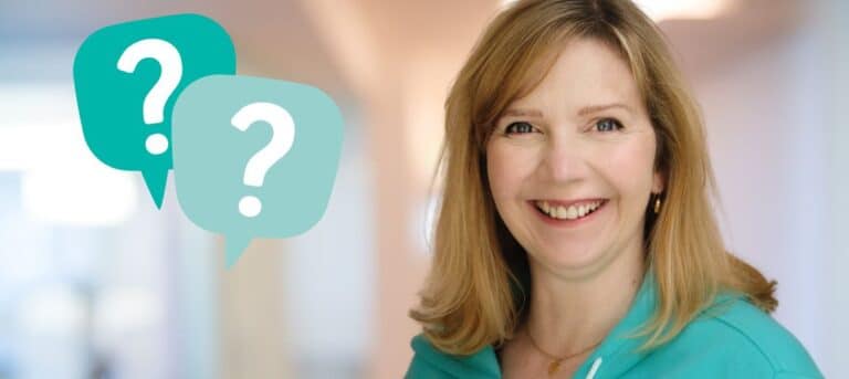 Image of woman in green top with question marks - HR franchise